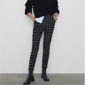ZARA Plaid Flat Front Elastic Waist Slim Cropped Pants Pockets XS Black White